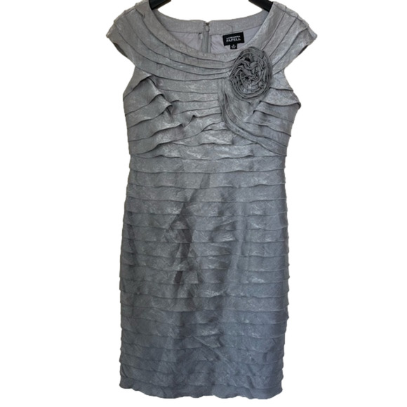 Adrianna Papell Gray Ruched Sheath Dress with Rosette Detail Size 12 - Picture 2 of 13